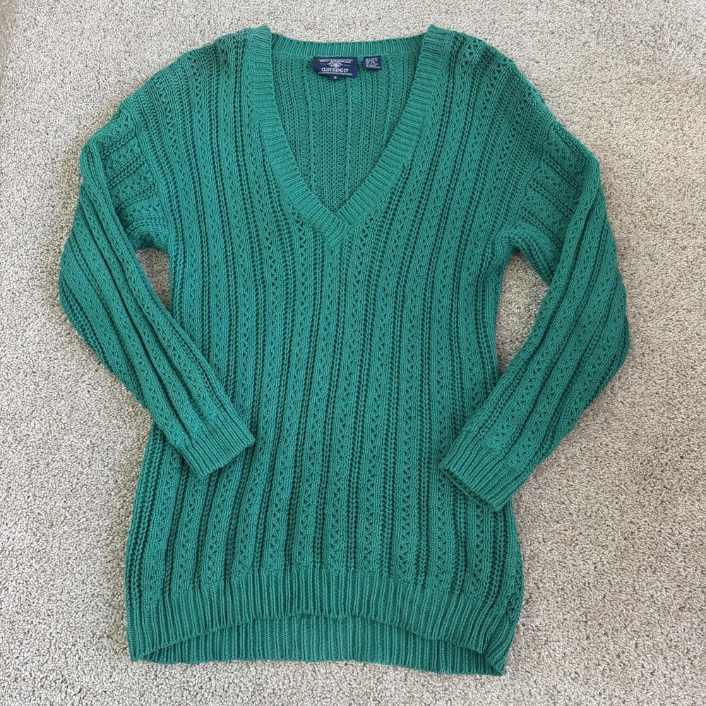 Best American Clothing Co Sweater Womens Small Green V Neck Open Knit Pullover